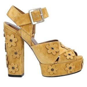 Roger Vivier Floral-Appliqué Suede Platform Sandal, Khaki EU: 40.5 US: 10.5